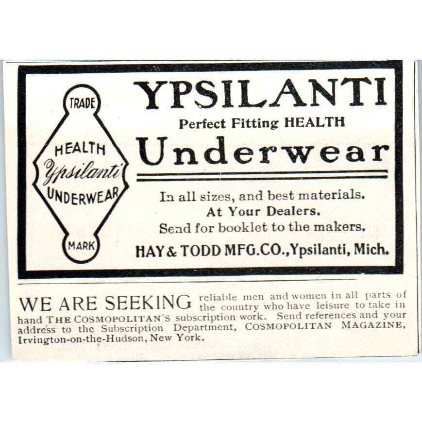 Ypsilanti Underwear Hay & Todd Mfg Co MI c1905 Original Advertisement AE7-A1