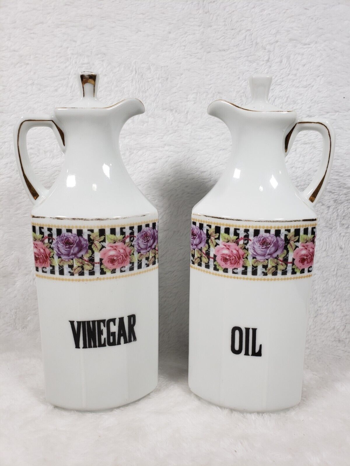 Vintage Czecho-Slovakia Ceramic Vinegar Oil Cruet Farmhouse Roses Deco
