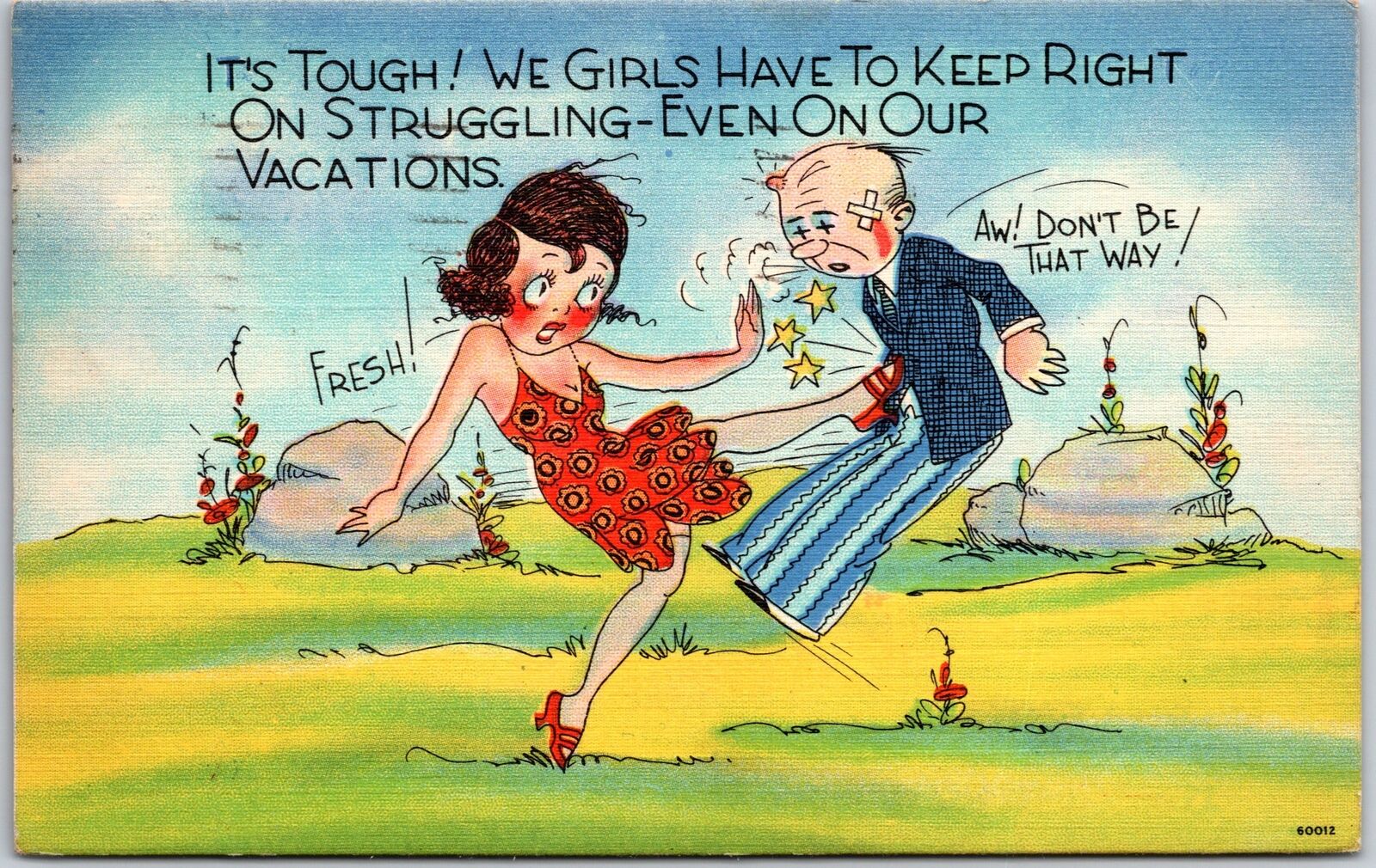 1936 Old Man Kicked By The Lady Vacation Comic Card Posted Postcard