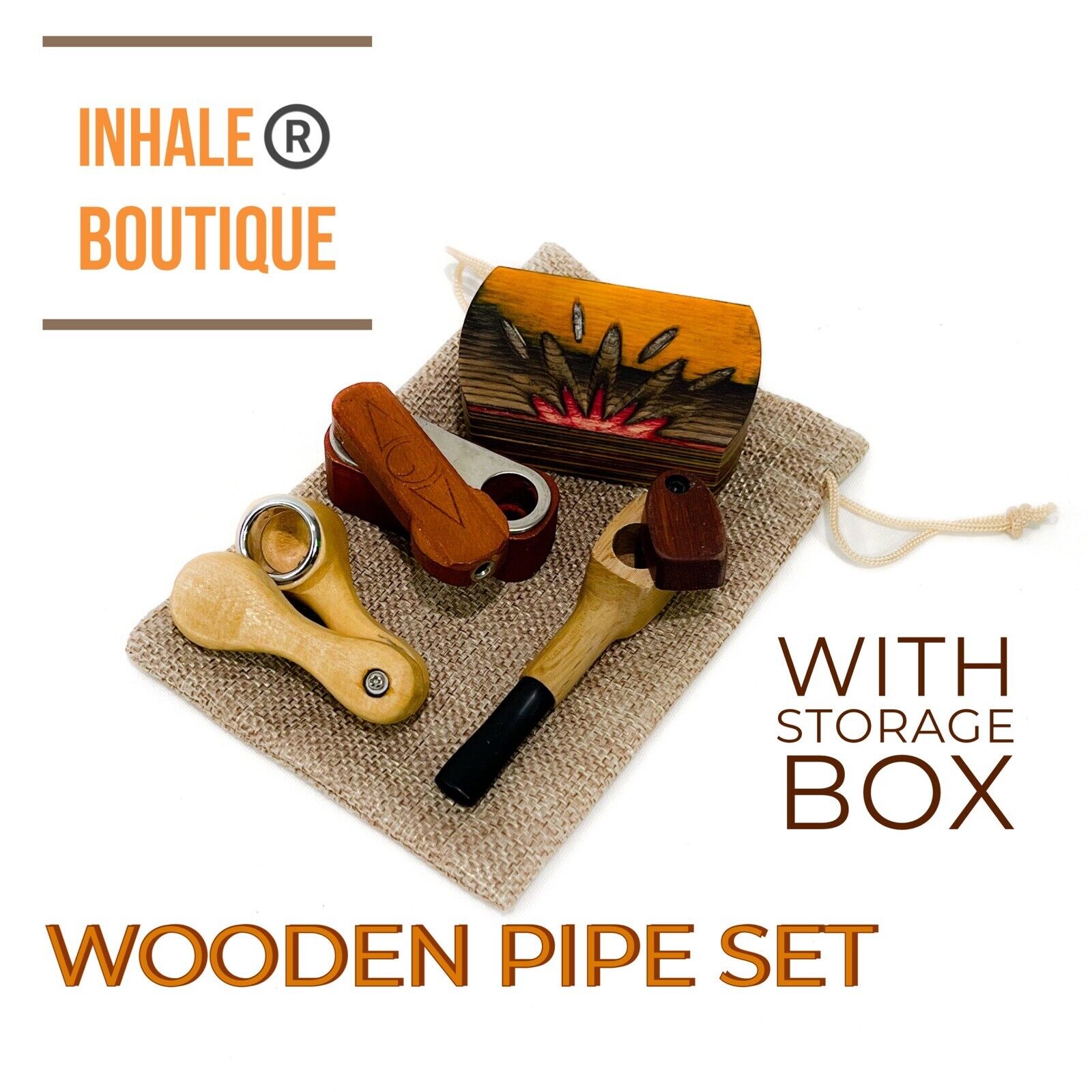 Set Of Wooden Smoking Pipes W/ Storage Box In Burlap Bag (+ 10 BRASS Screens)