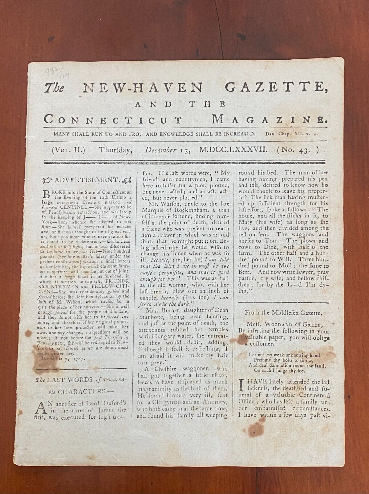 RARE 1787 NEW-HAVEN GAZETTE w/ Benjamin Franklin's Plea to Accept CONSTITUTION