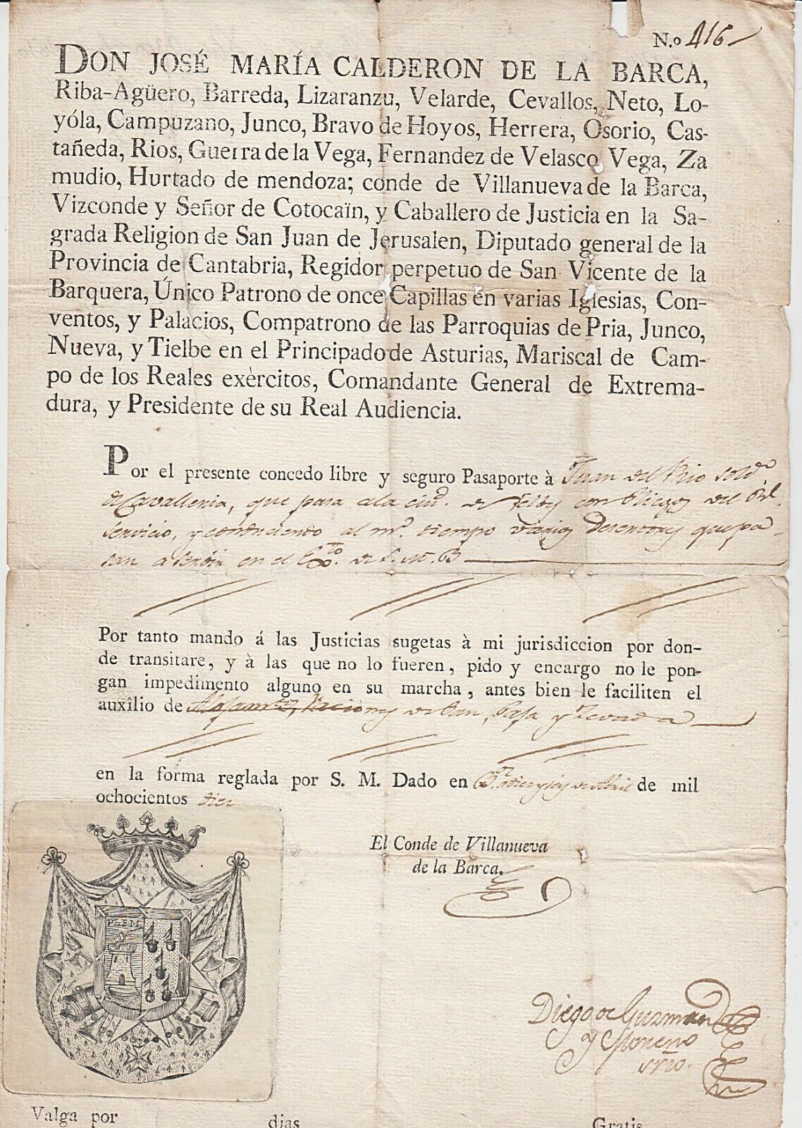 SPAIN. Peninsular War Passport, 1810.