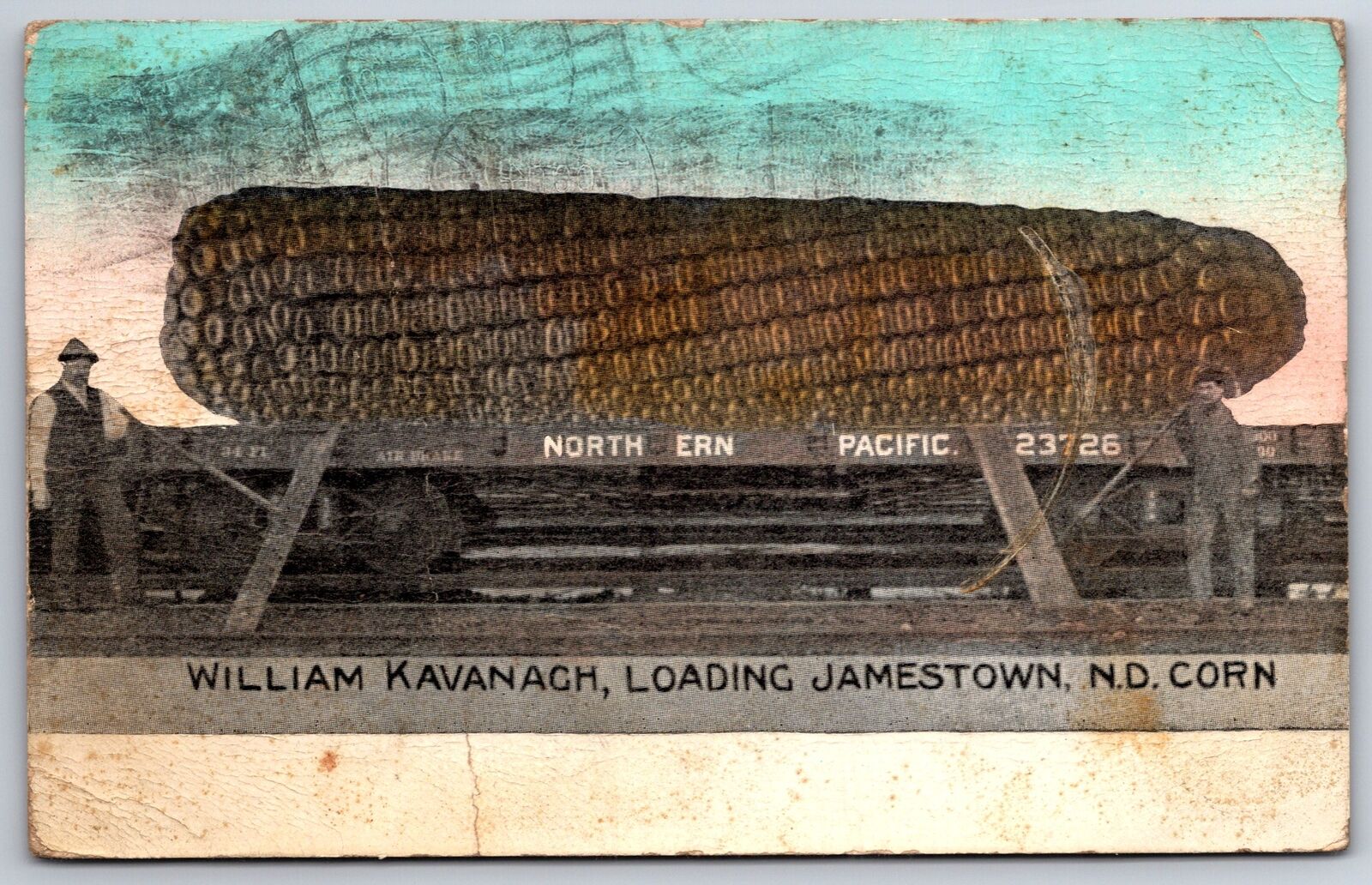 Jamestown North Dakota~William Kavanagh Loads Exaggerated Corn on NP RR Car~1909