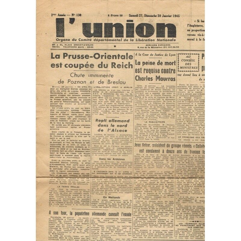 L'UNION 1945 Death penalty for Charles MAURRAS and Jean ACKER 12 years forced labour