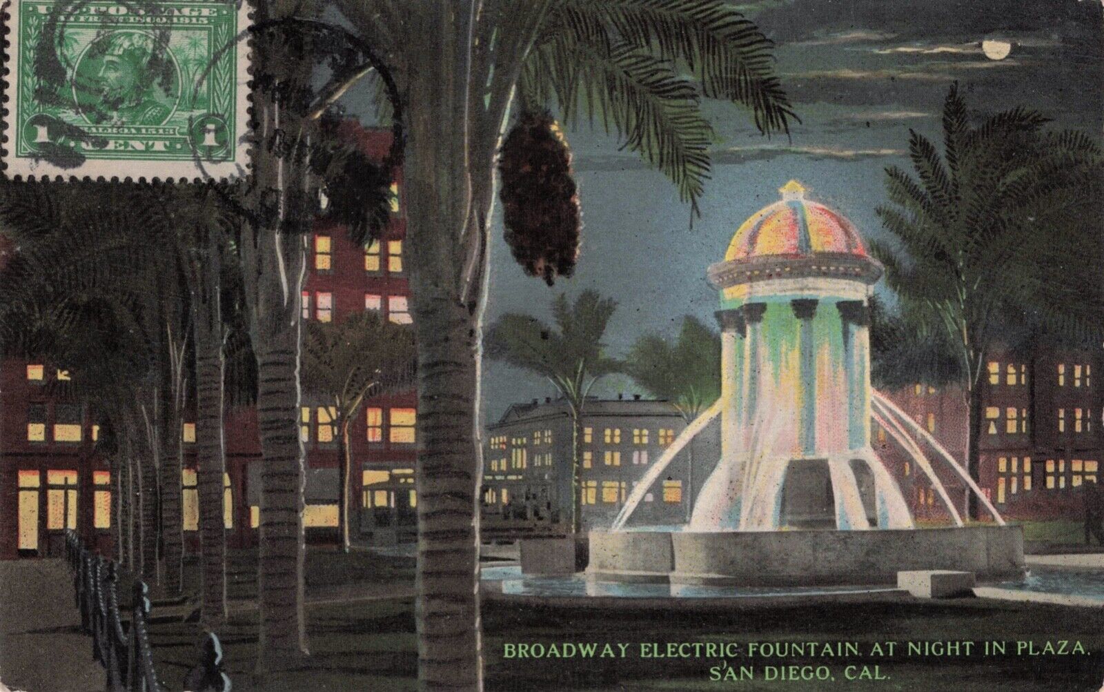 San Diego CA Panama-California Expo Electric Fountain at Night  Postcard 1915