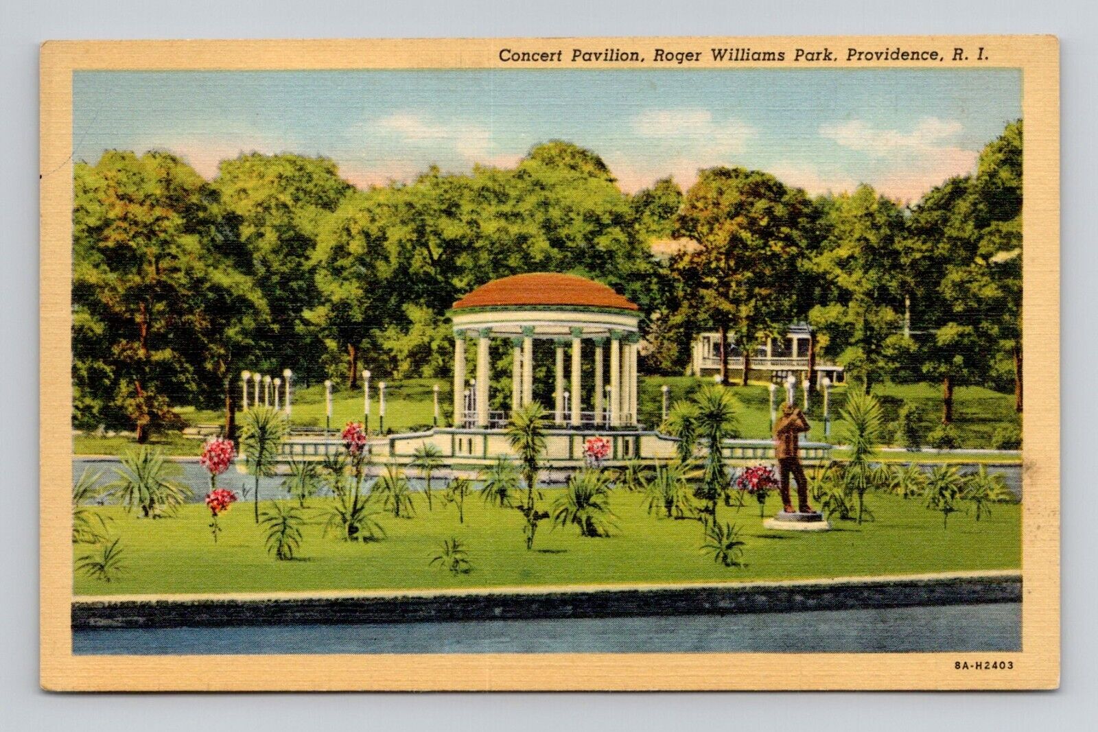 Postcard Concert Pavilion Roger Williams Park Providence RI, Vintage Linen H11