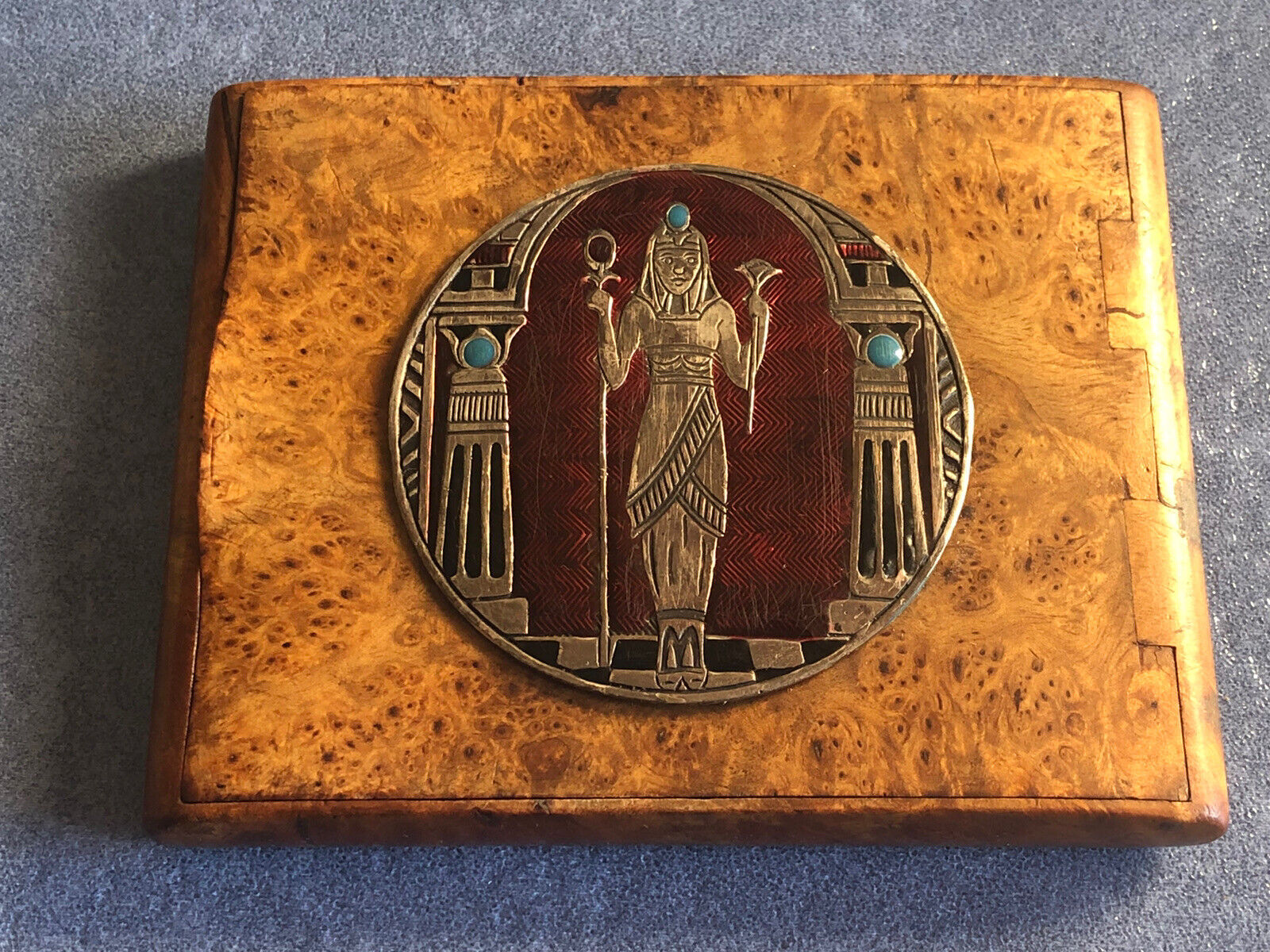 Antique Russian Karelian Birch cigarette case ,circa 1900 Egyptian Revival Plaqu