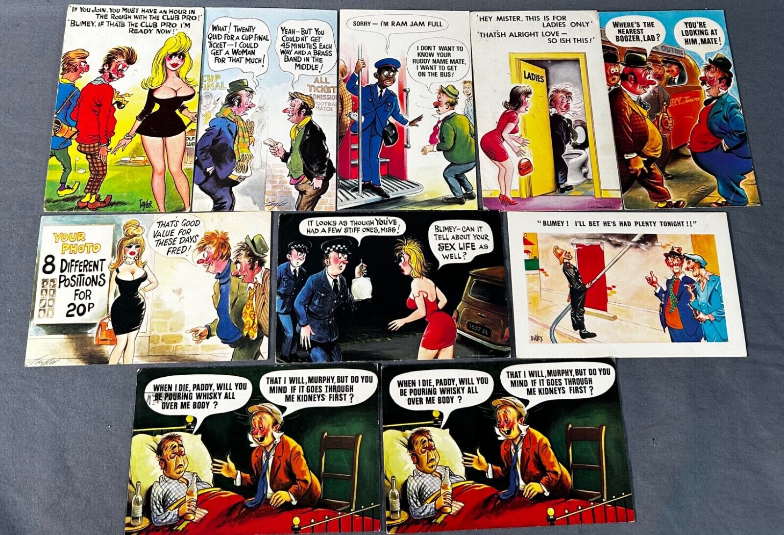 Lot of 10 Humorous 1970's BAMFORTH Comic Funny POSTCARDS England - Drunk/Booze