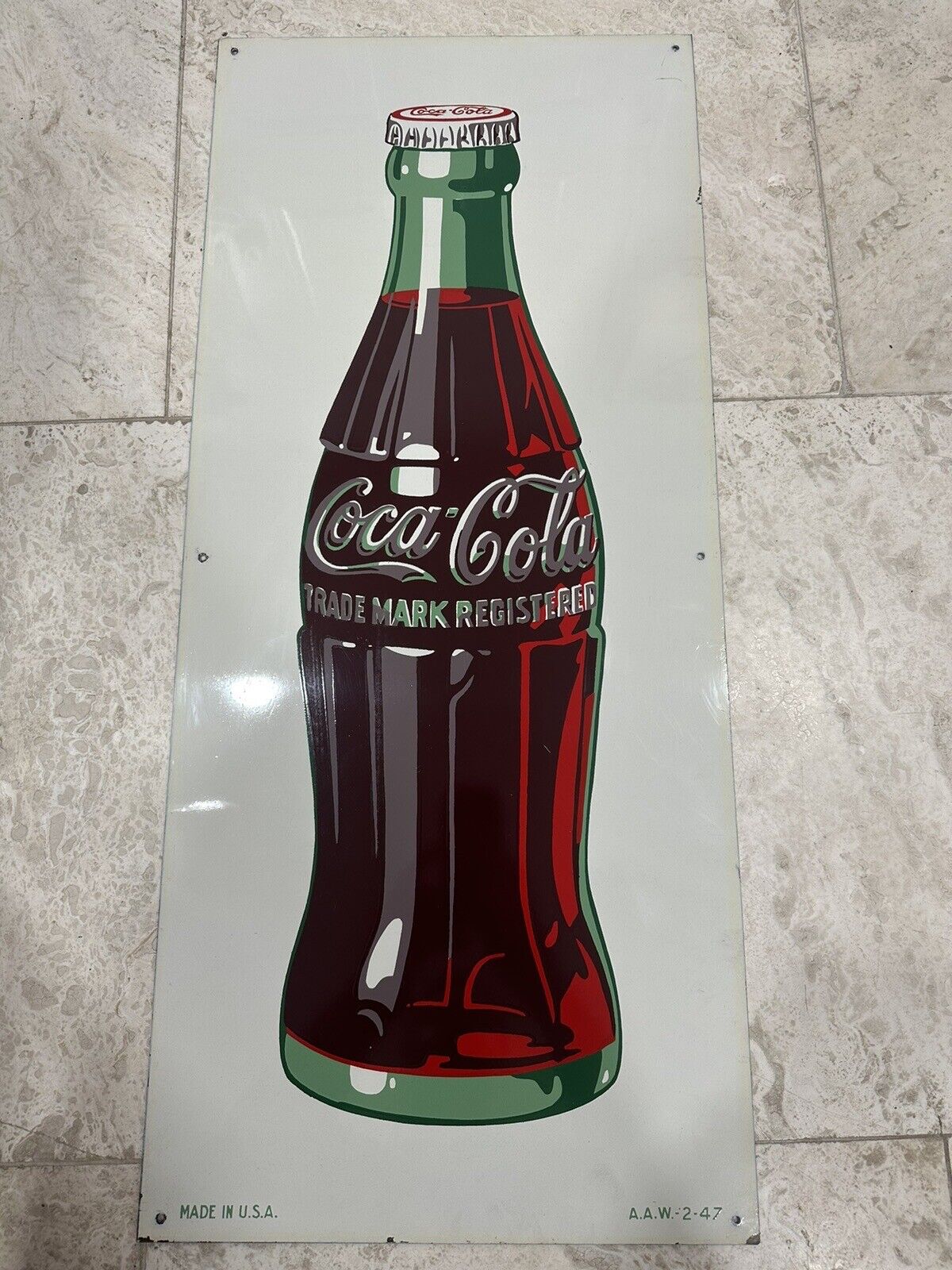 Vintage 1947 Coca Cola Tin Sign W/Bottle Original Rare Beautiful Condition
