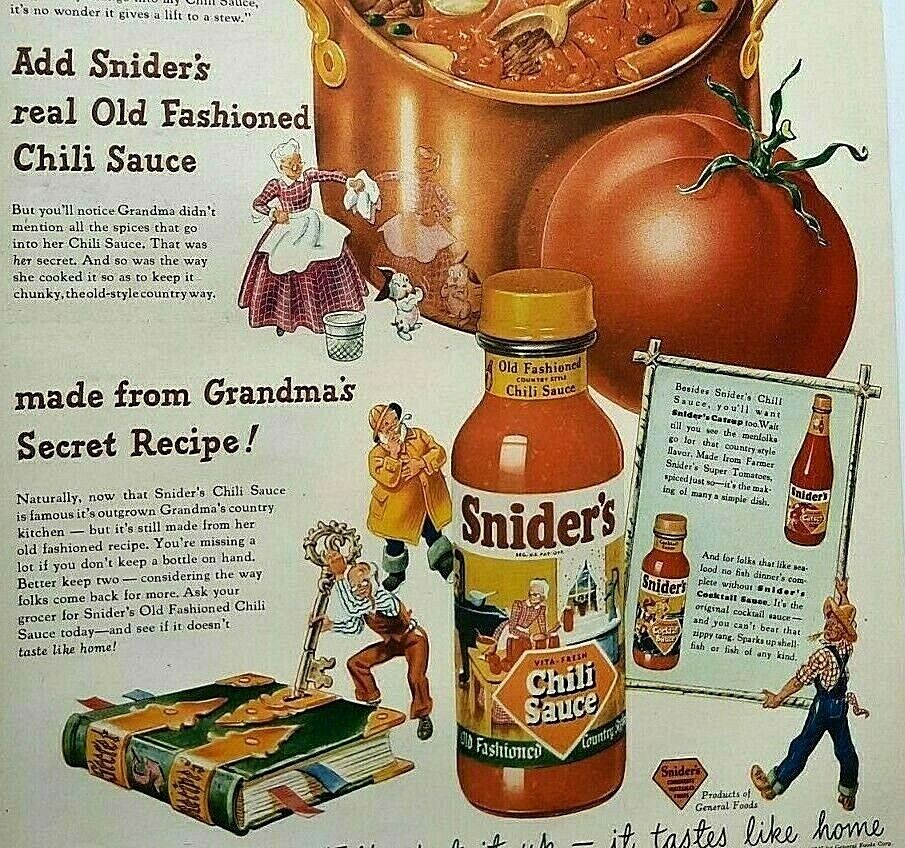 1948 Snider\'s Chili Sauce Vintage Print Ad Grandma\'s Secret  Tastes Like Home