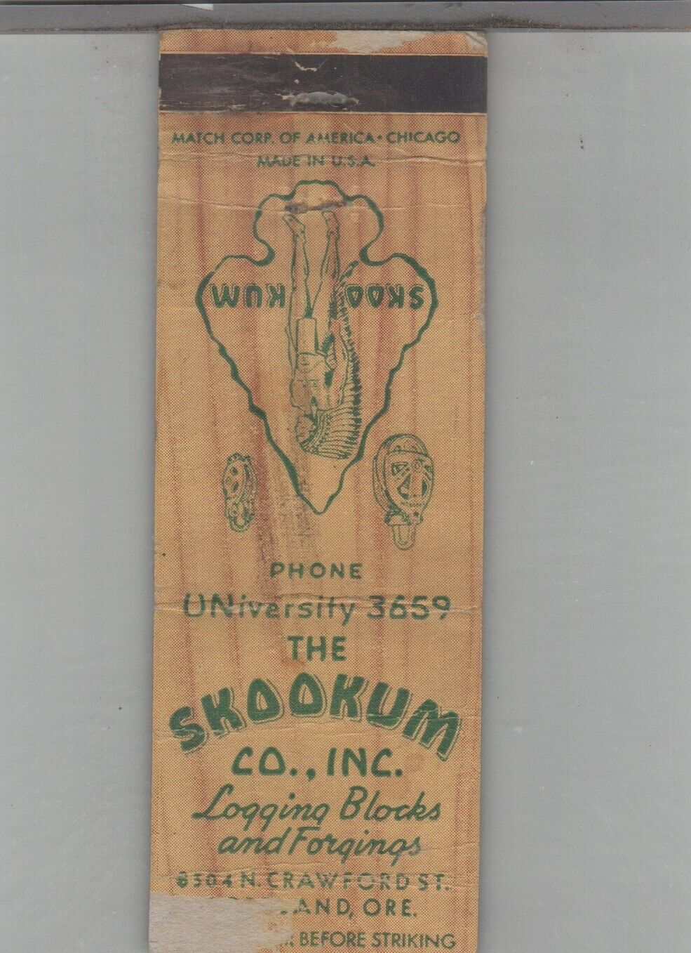 Matchbook Cover The Skookum Co. Logging Blocks & Forgings Portland, OR