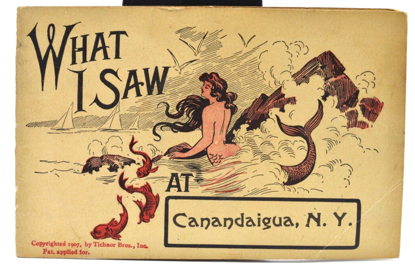 1907 Antique Postcard What I Saw at Canandaigua NY Mermaid Fold Out Tichnor Bros