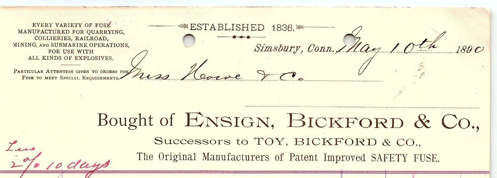 1890 SIMSBURY CT ENSIGN BICKFORD & CO SAFETY FUSE BILLHEAD RECEIPT Z4074