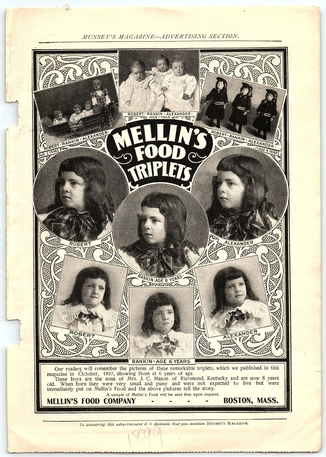 1899 MELLIN\'S FOOD COMPANY BOSTON MASS MELLIN\'S FOOD TRIPLETS ADVERTISEMENT Z699