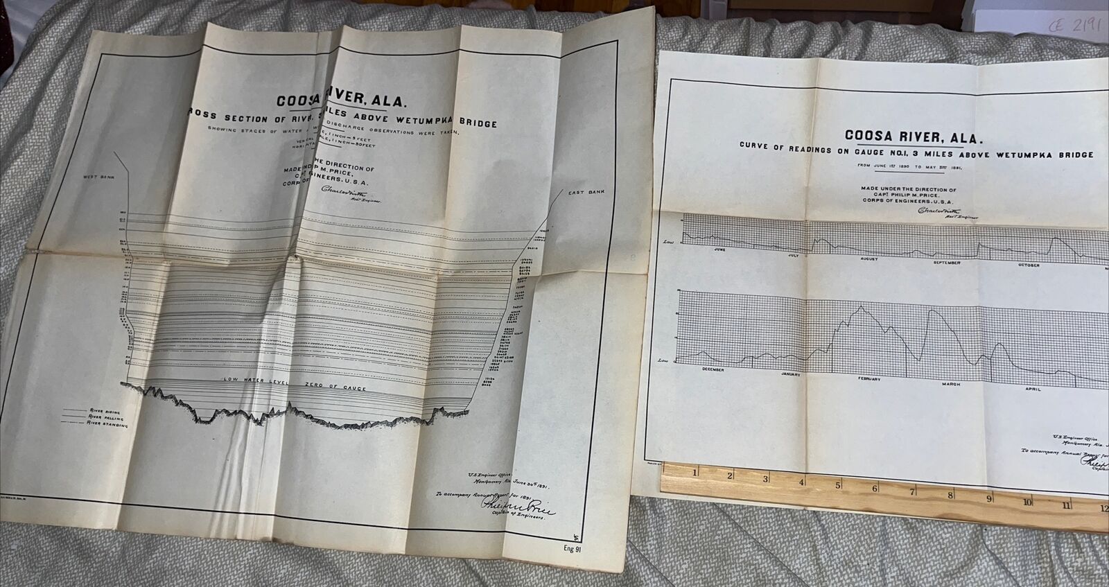 Antique Charts: Curves Cross Section @ Coosa River Alabama Near Wetumpka Bridge