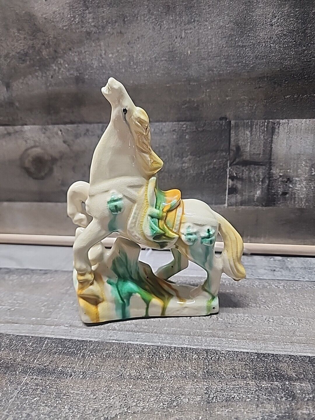 Chinese Tri Glazed 7 in Horse figure vintage ceramic