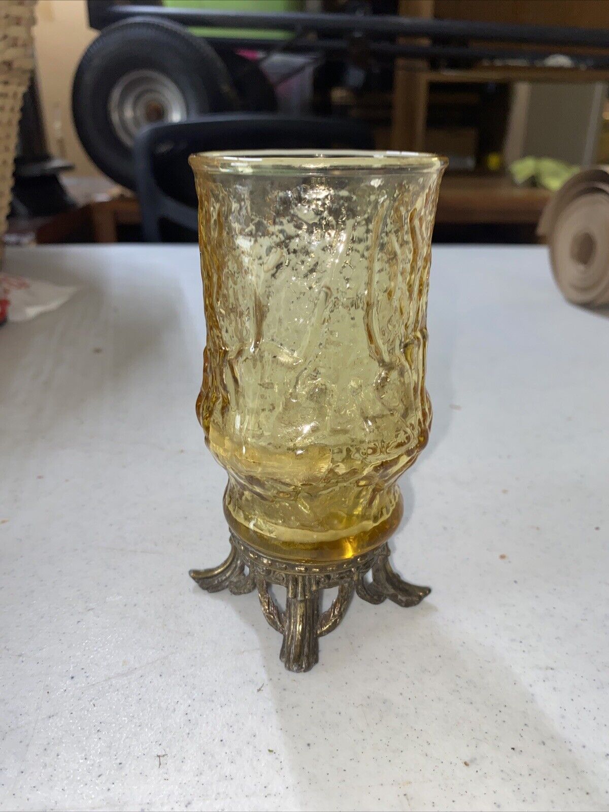 Beautiful Amber Glass Footed Candle Floral Pattern Urn Vintage 5”High