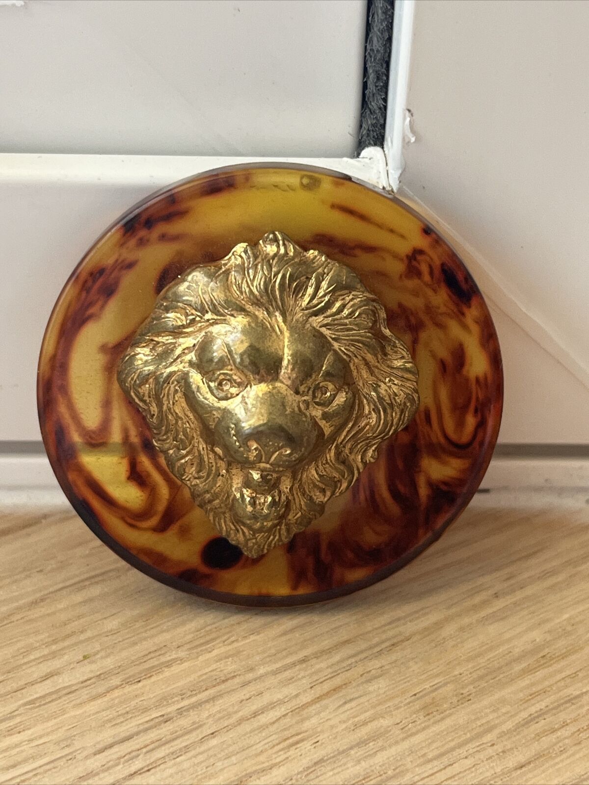 Vintage Large Lion Head Lucite Button Gold Tone Lucite Swirls