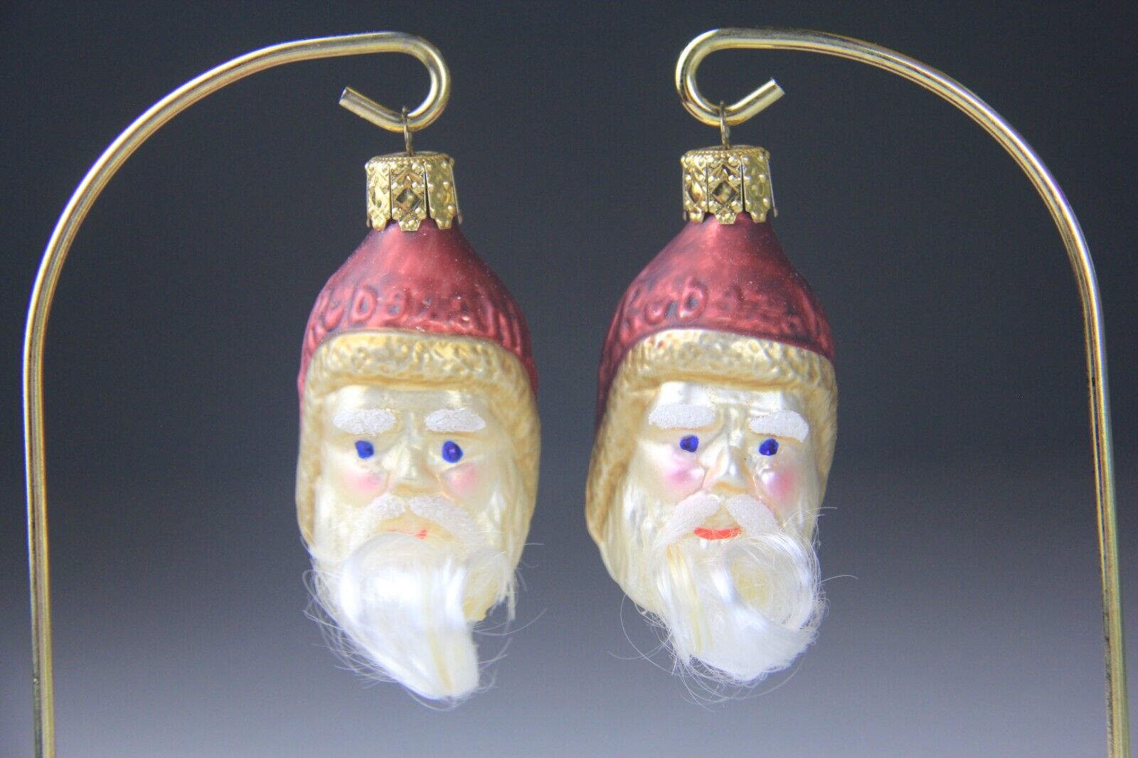 Pair of Vintage Christborn Santa Head Glass Ornaments Made in Germany