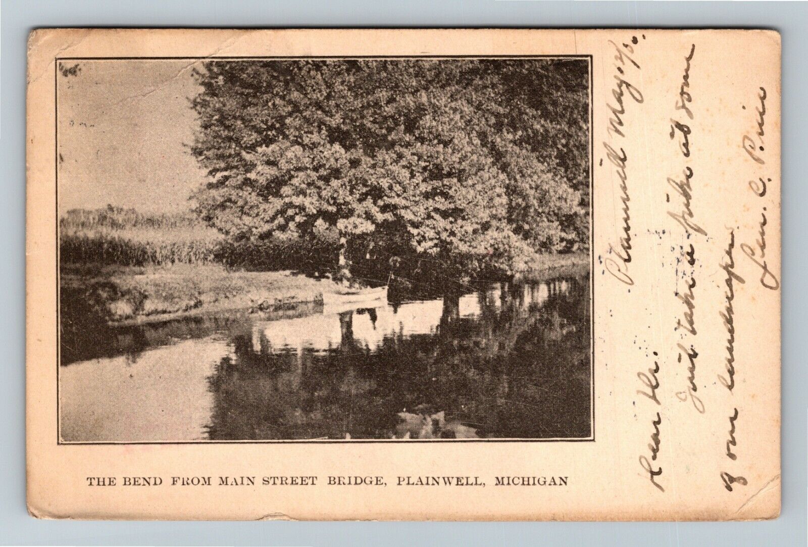 Plainwell MI-Michigan Kalamazoo River Bend from Main Street 1906 Old Postcard