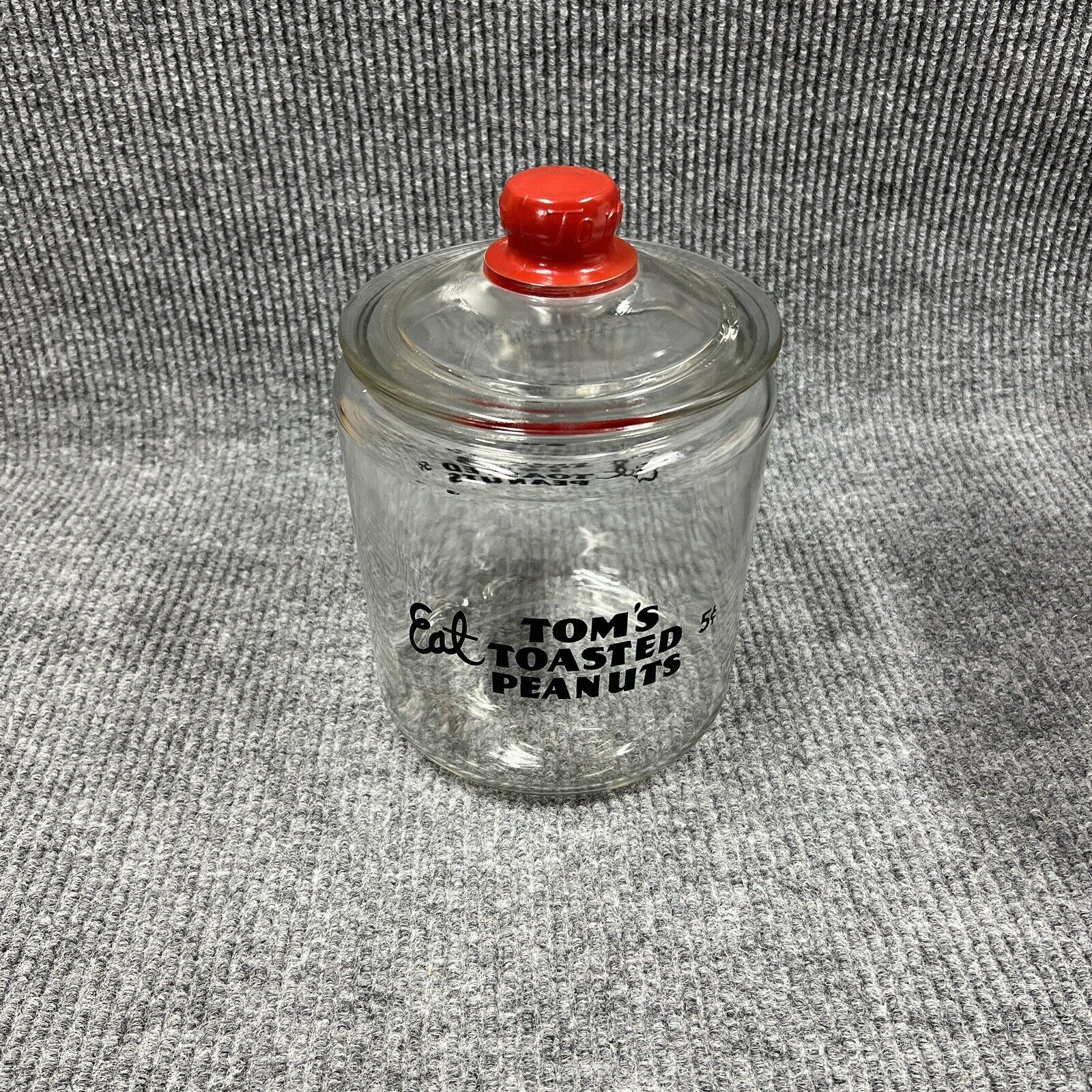 VTG Tom’s Glass Jar Counter Top Eat Toasted Peanuts 5 Cents Embossed Red Knob