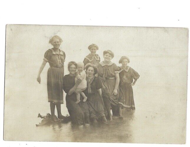 c1900s Group Of Ladies Women Girls Baby In Ocean Water RPPC Real Photo Postcard