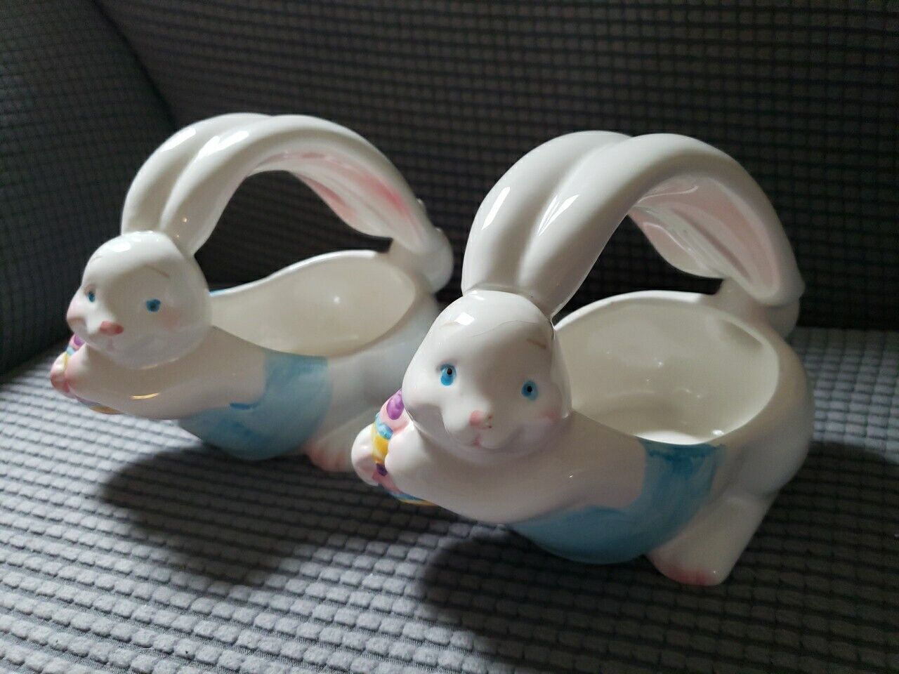 Easter Bunny Long Rich Ceramic Candy Dish 2 Pc Excellent Condition Fast Shipping
