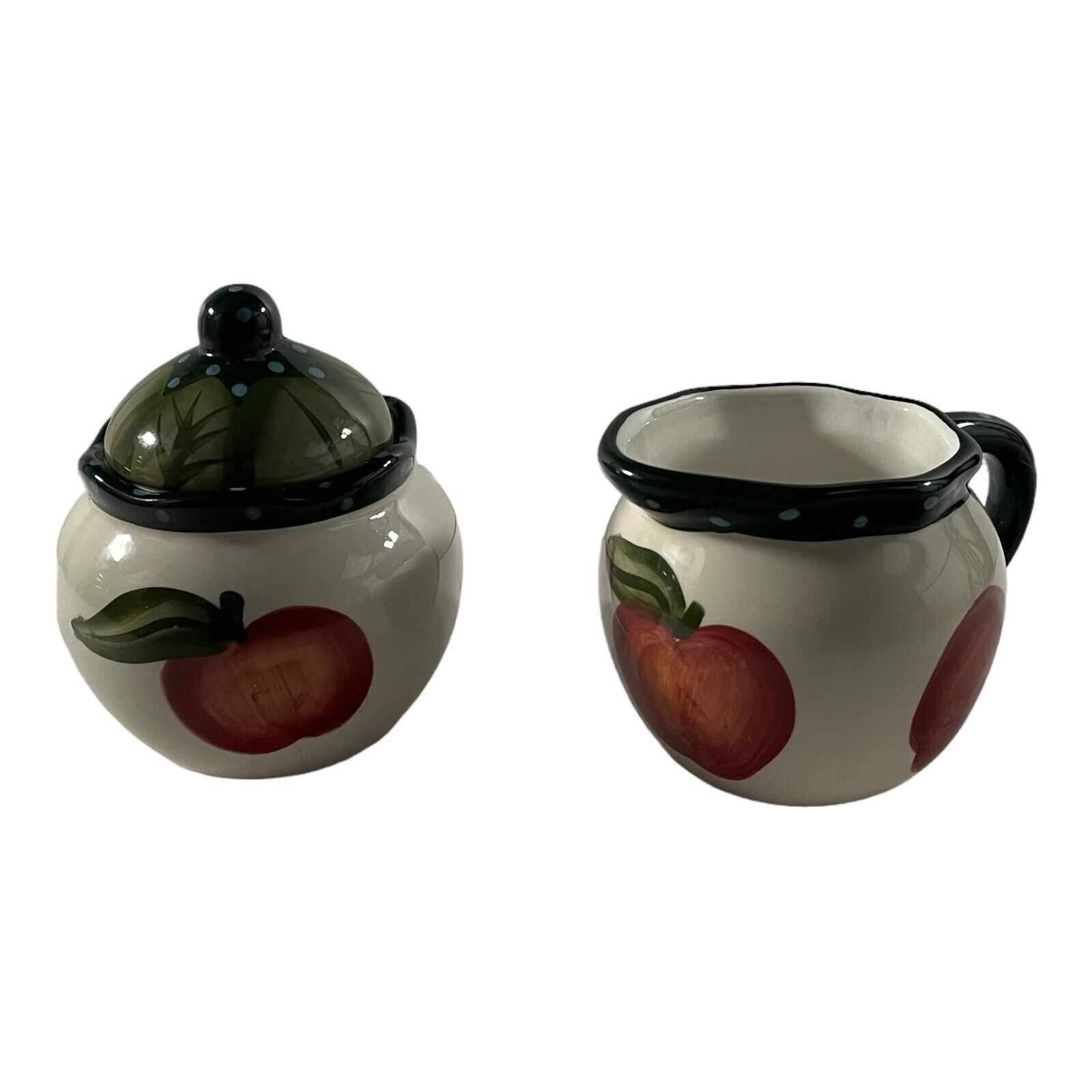 Ceramic Apple Designed 4 Inch Sugar Bowl with Lid & 4 Inch Creamer Lot