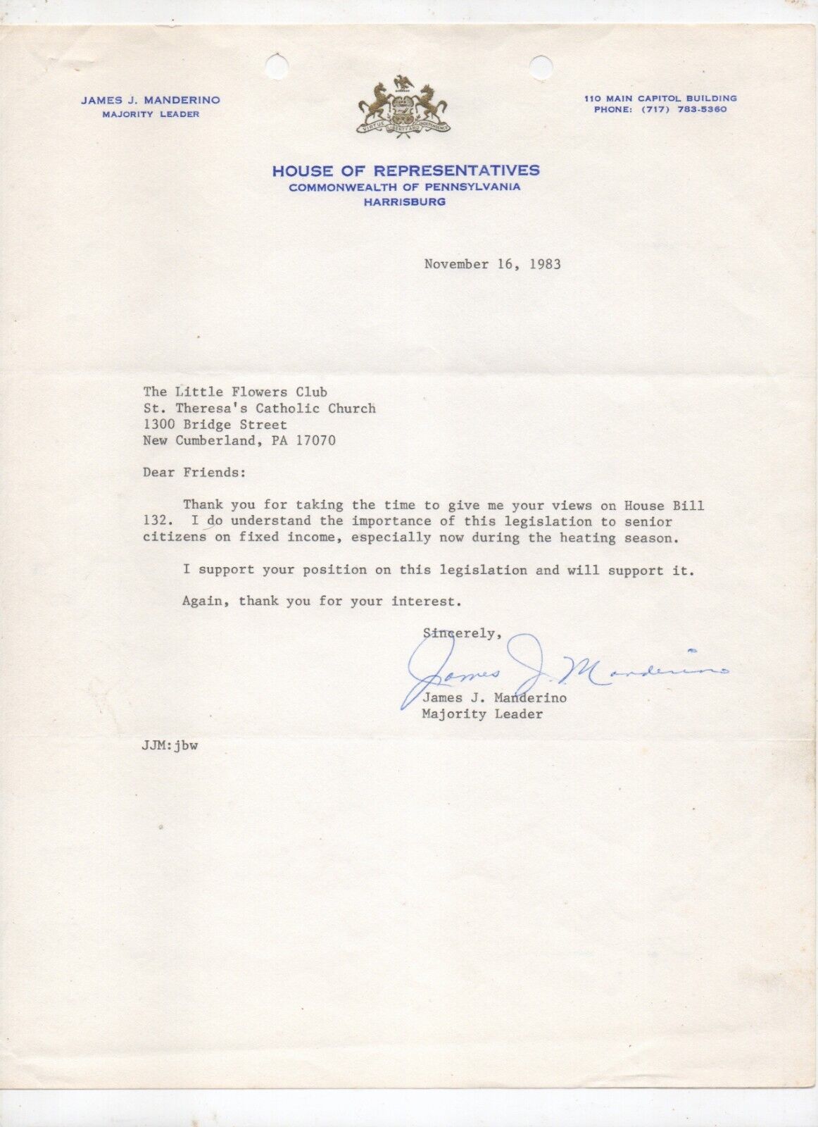Pennsylvania State Representative James J. Manderino (1932-1989) SIGNED letter