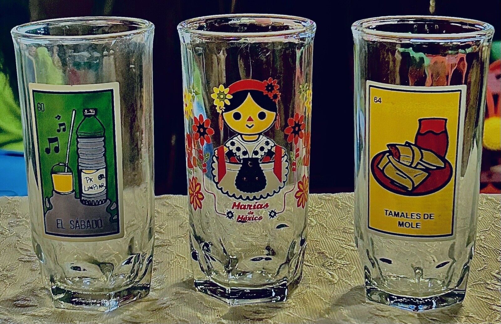 CRISA LOTERIA “EL SABADO”, “TAMALES DE MOLE” AND MARIA DE MEXICO” GLASS Set Of 3