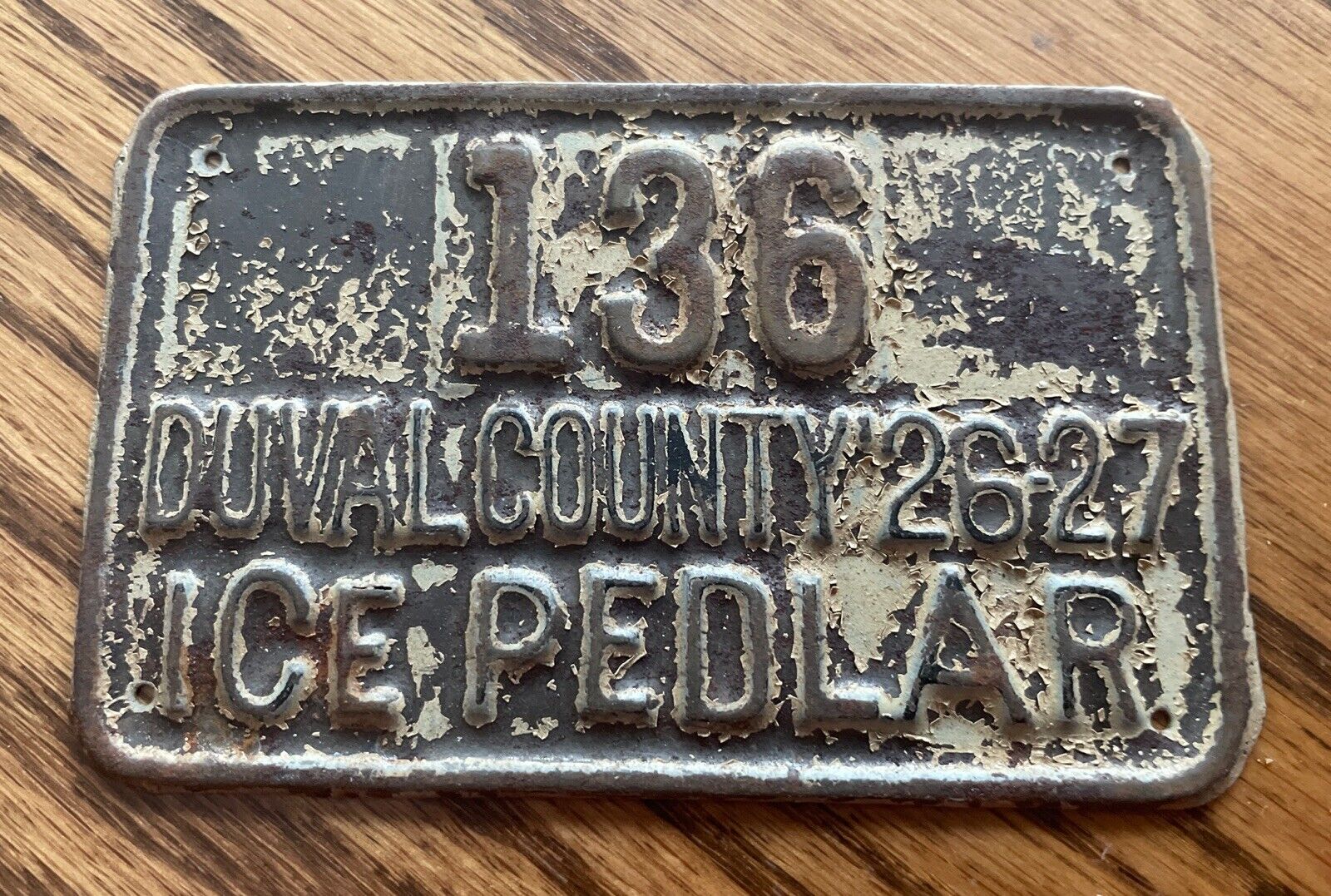 1926-27 Duval County Jacksonville Florida Ice Truck Peddlers License Plate #136
