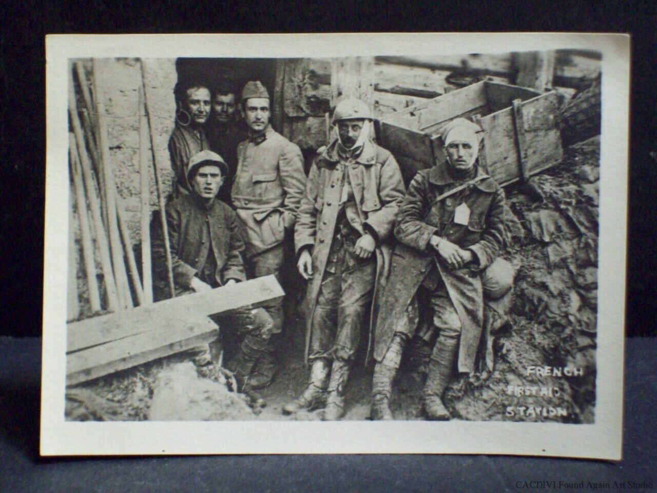 WWI US Soldiers Real Photo Wounded At French First Aid Station War Bunker France