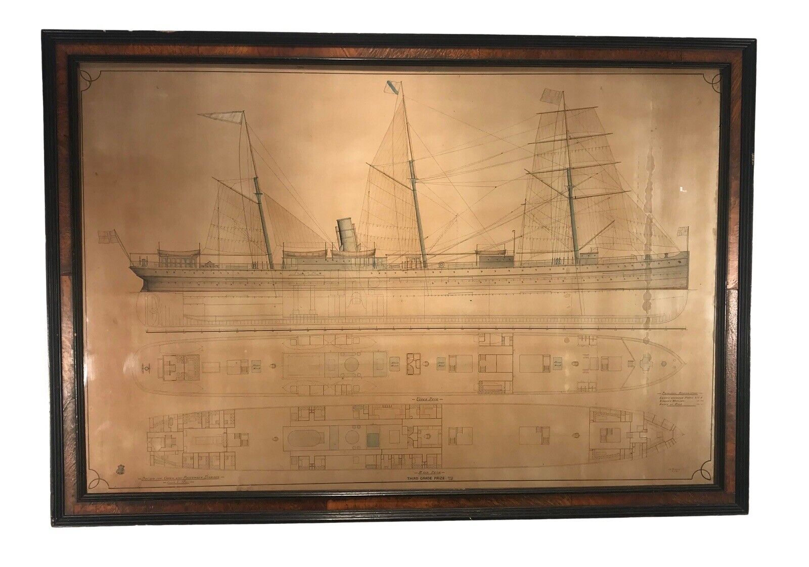 1886 Antique J.J. Henderson Original American Design For Cargo Steamer Drawing