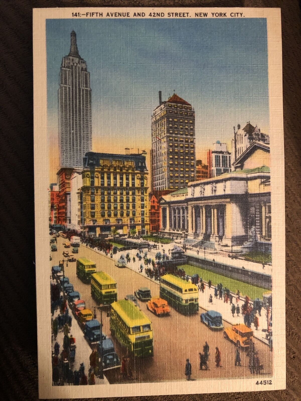 Vintage Linen Postcard Fifth Avenue And 42nd St, New York City, New York. c1930s