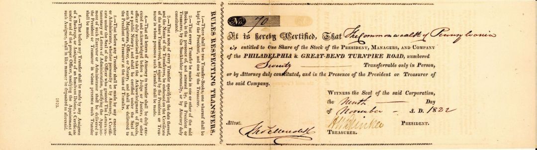 Philadelphia and Great-Bend Turnpike Road - Stock Certificate - Early Stocks and