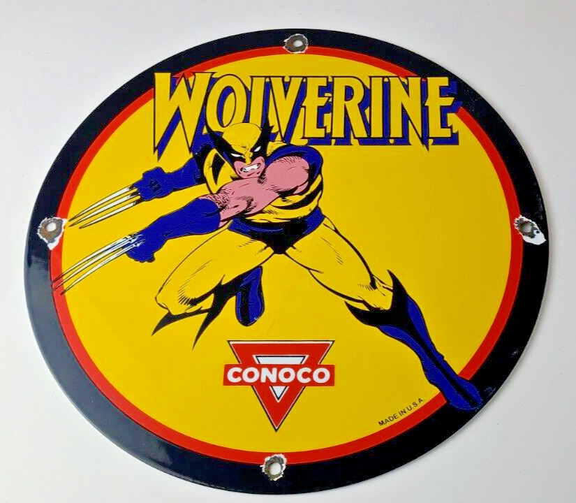 Vintage Conoco Gasoline Porcelain Sign - Wolverine X-Men Comics Gas Pump Sign