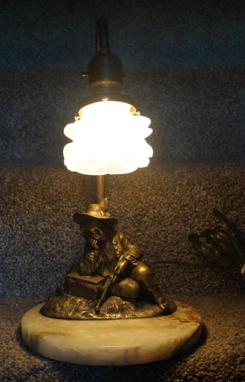 Antique 1930s Figural Table Lamp & UNUSUAL Frosted Shade - REWIRED - Marble Base
