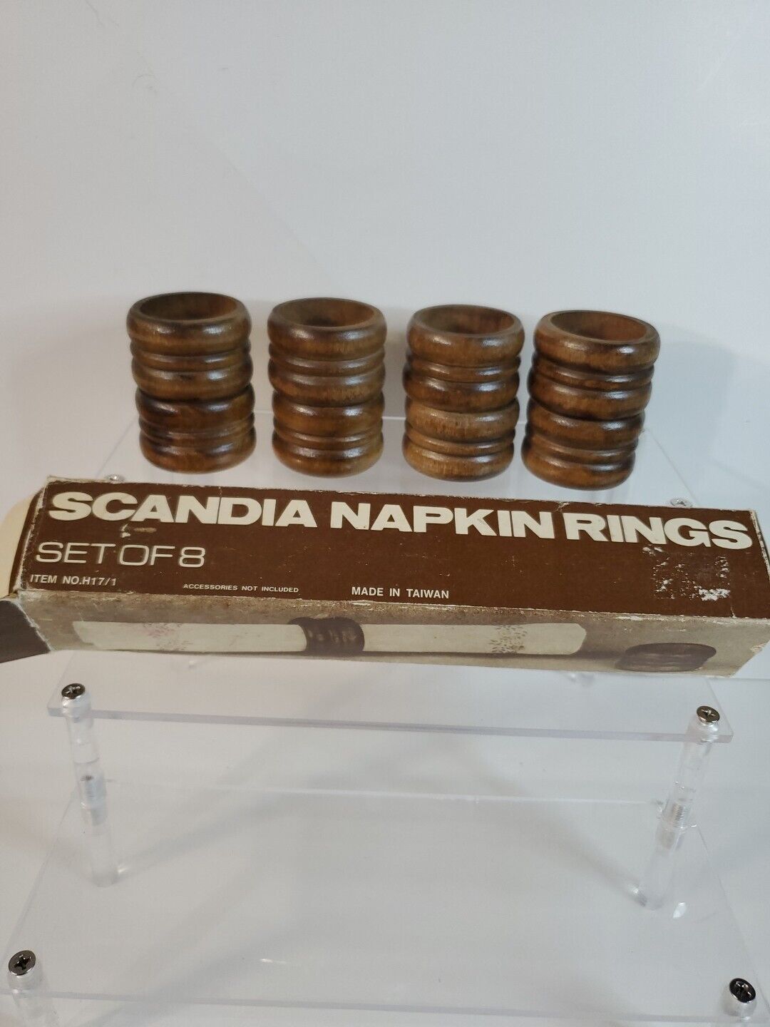 Vintage Wooden Napkin Rings Dark Wood in Box by Scandia Made Taiwan Set Of 8