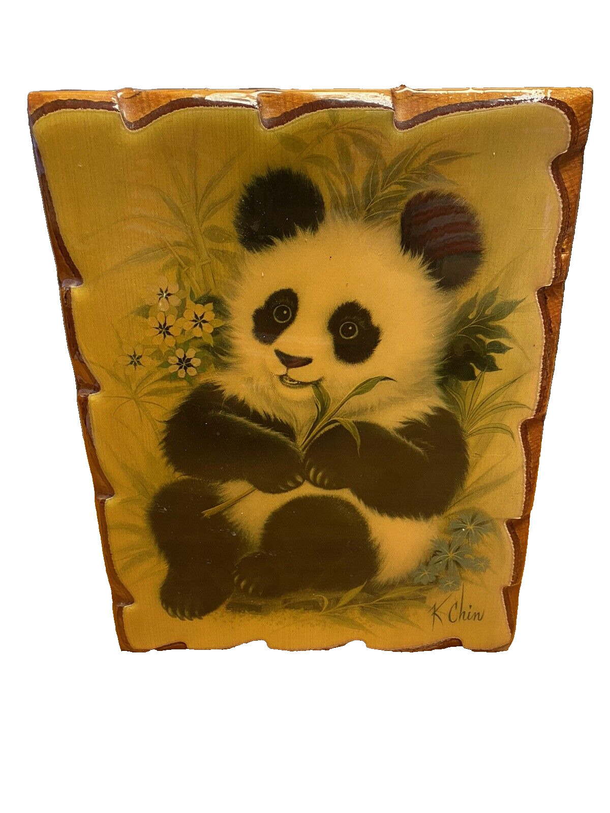 Vintage K. Chin Wood and Resin Panda Wall Art
