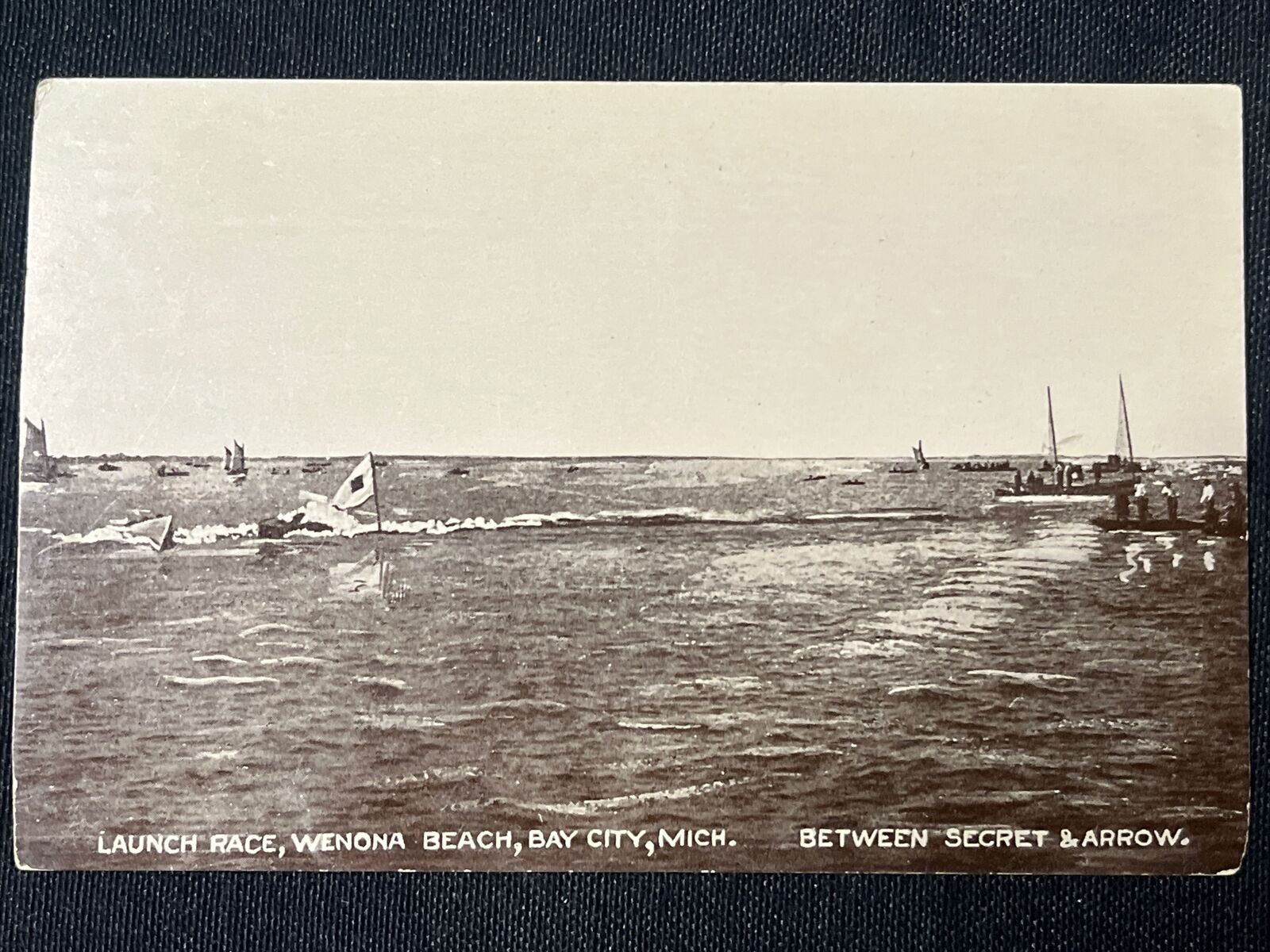 1907 Antique WENONA BEACH MICHIGAN LAUNCH BOAT RACE Bangor Postcard RPPC Rare