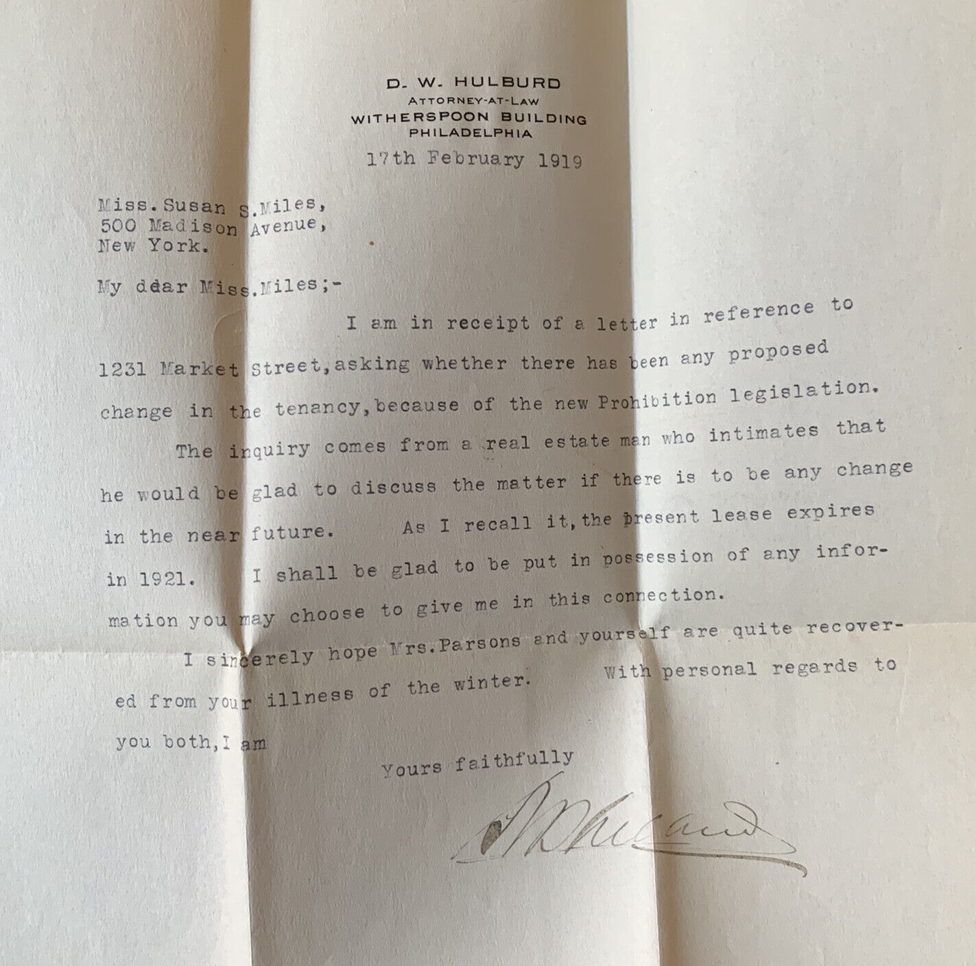 1919 NEW YORK TYPED LETTER ASKING ABOUT THE PROHIBITION LEGISLATION AND TENANCY