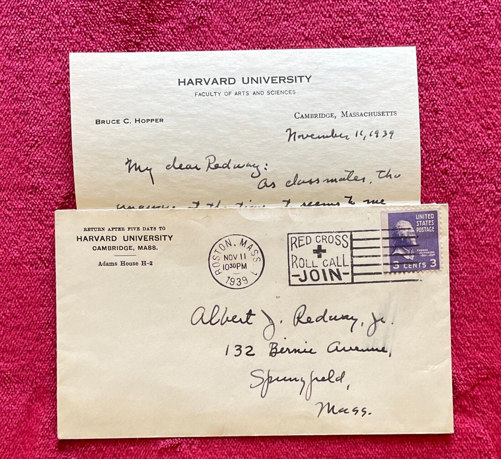 BRUCE C. HOPPER HARVARD PROF. - 1939 LETTER -HARVARD ARTS & SCIENCES FUND & MORE