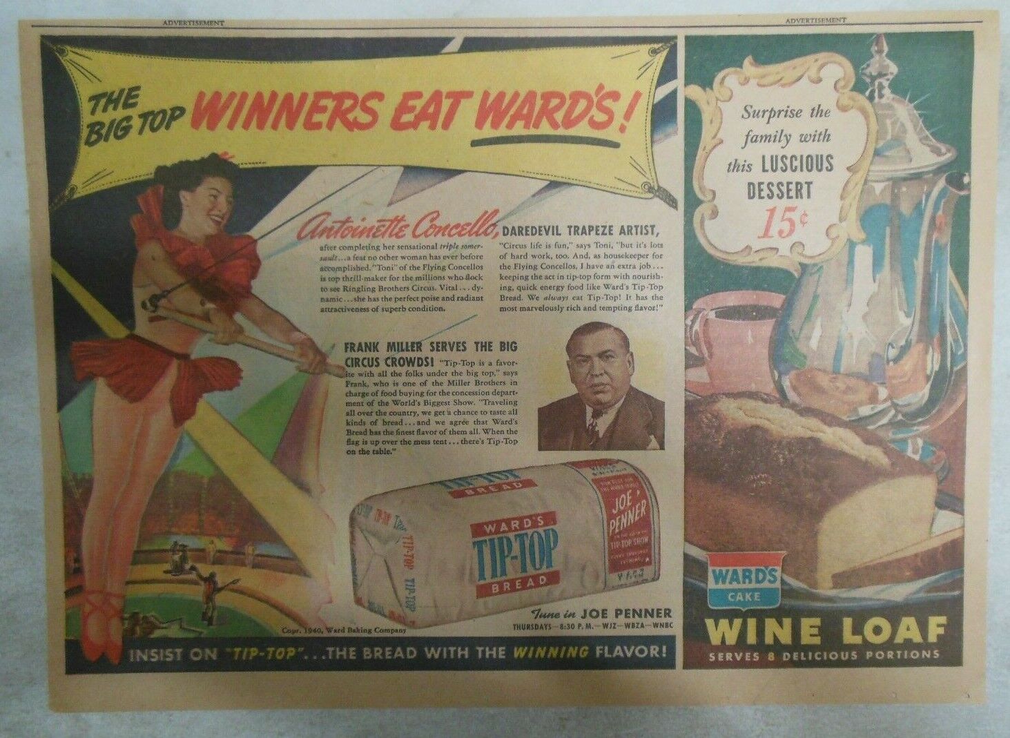 Wards Bread Ad: Circus Star Antoinette Concello  from 1940 Size: 11 x 15 inch 