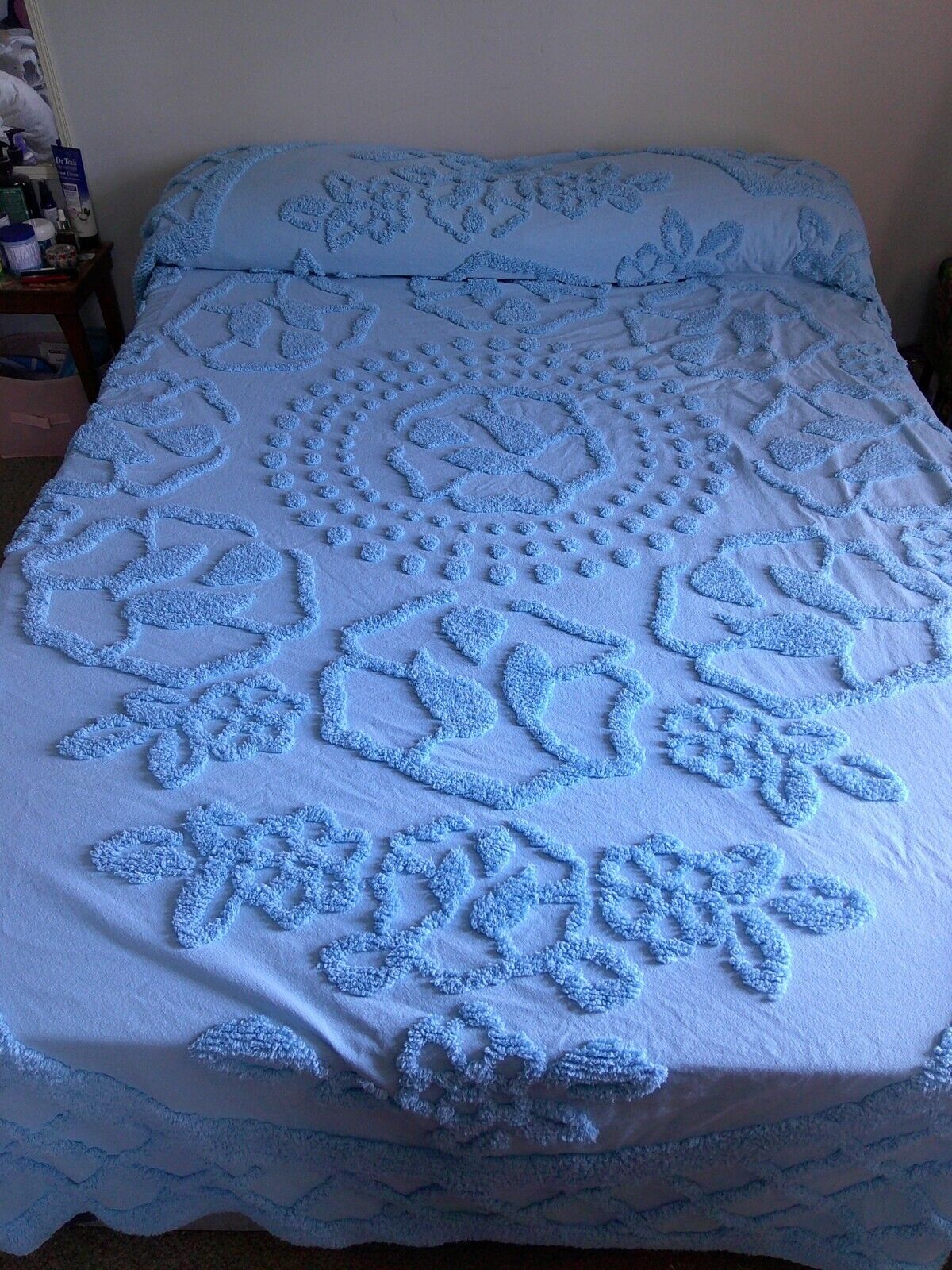 Vtg Baby Blue Cotton Chenille Bedspread Bed Cover Large Floral Design 80\