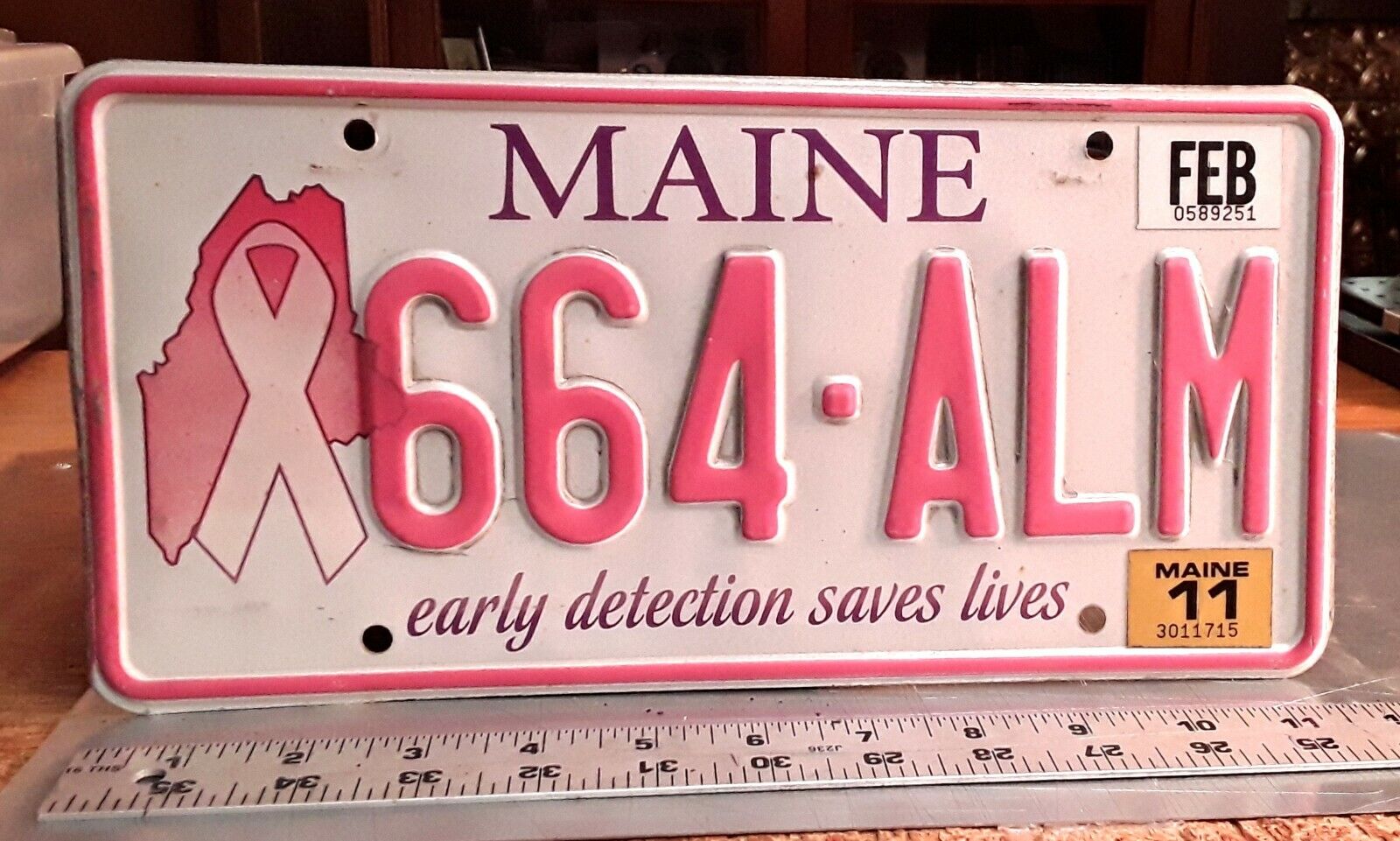 🇺🇸 - MAINE - 2011 Breast Cancer Awareness PINK license plate - nice used issue