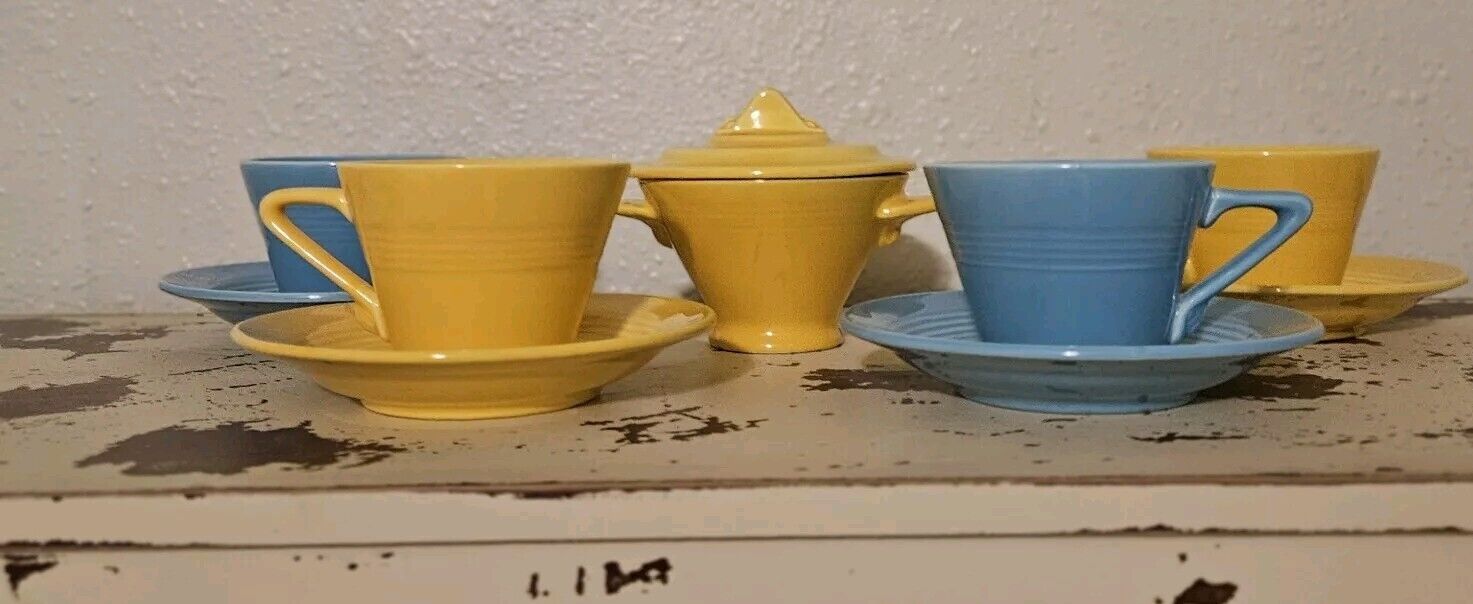 Vintage 10 PIECE Unbranded Blue/Yellow Whimsical Teacups Saucers And Sugar Bowl