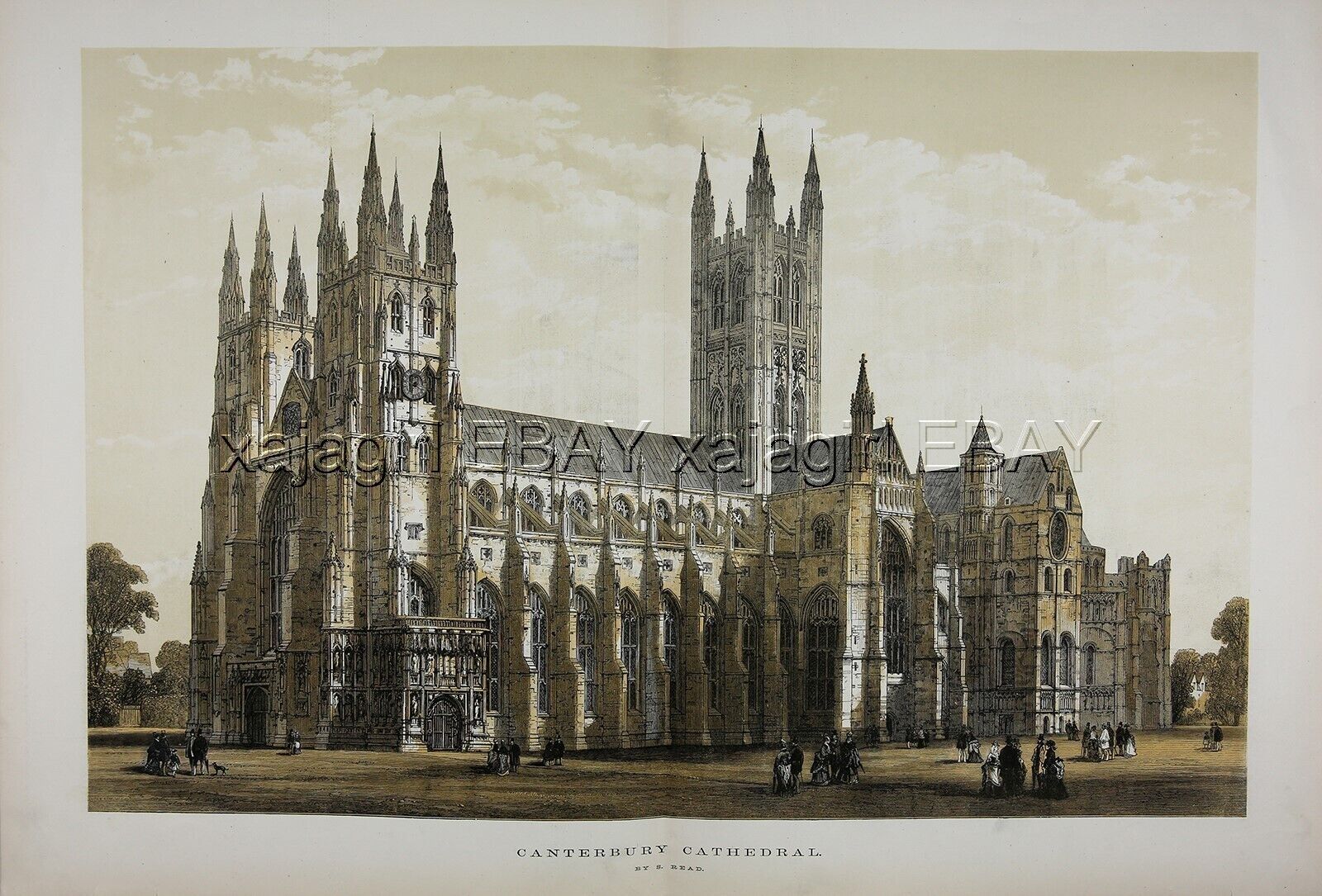 ENGLAND Kent Canterbury Cathedral, Huge Double-Folio 1880s Antique Color Print