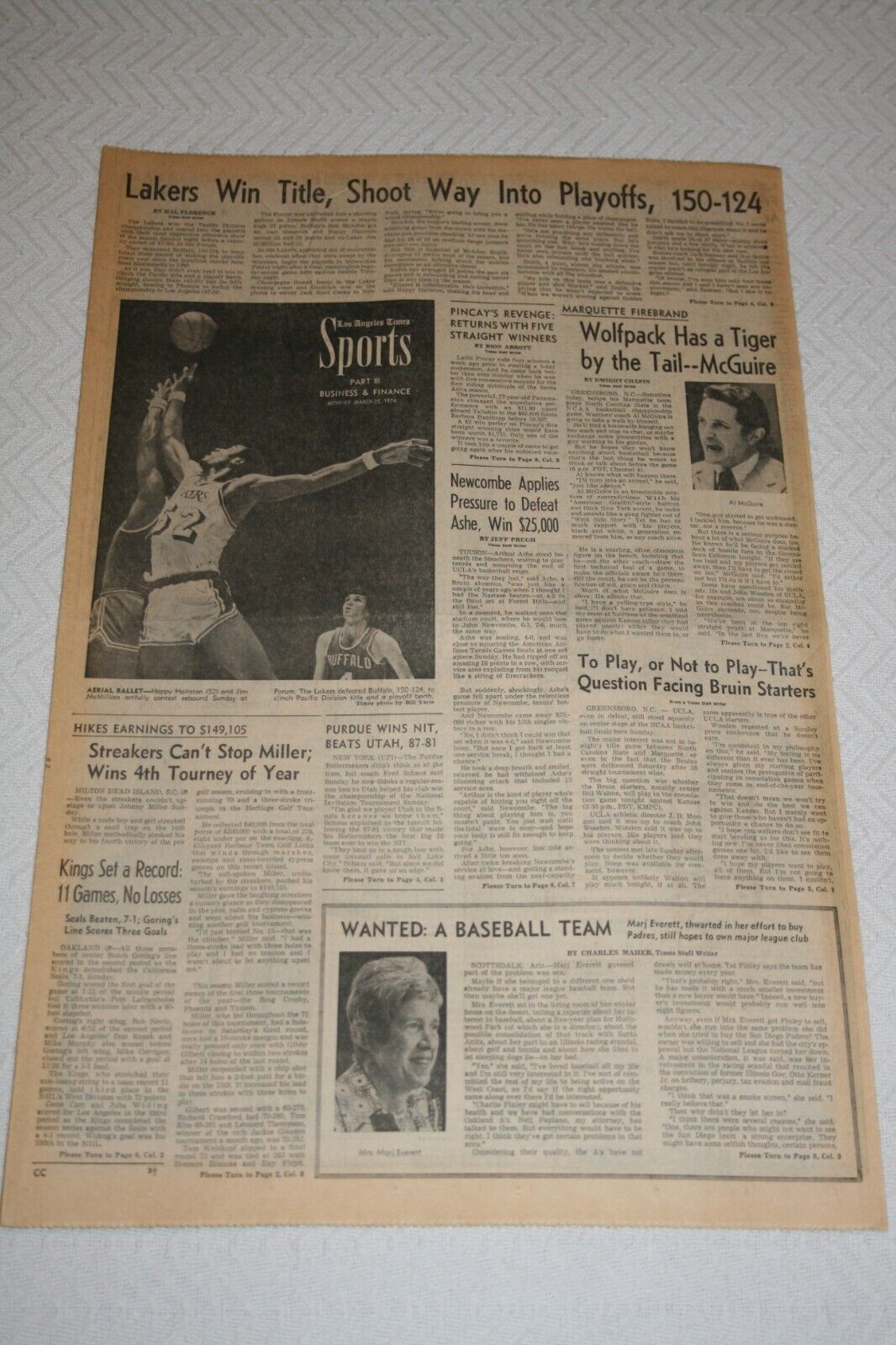 1974 Los Angeles Times * Lakers Win West Title Kings Set Record Purdue Wins NIT