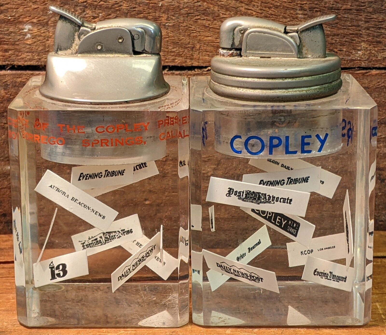 Pair Of Vintage Copley Press, Newspaper Acrylic Desk Lighters, 1955