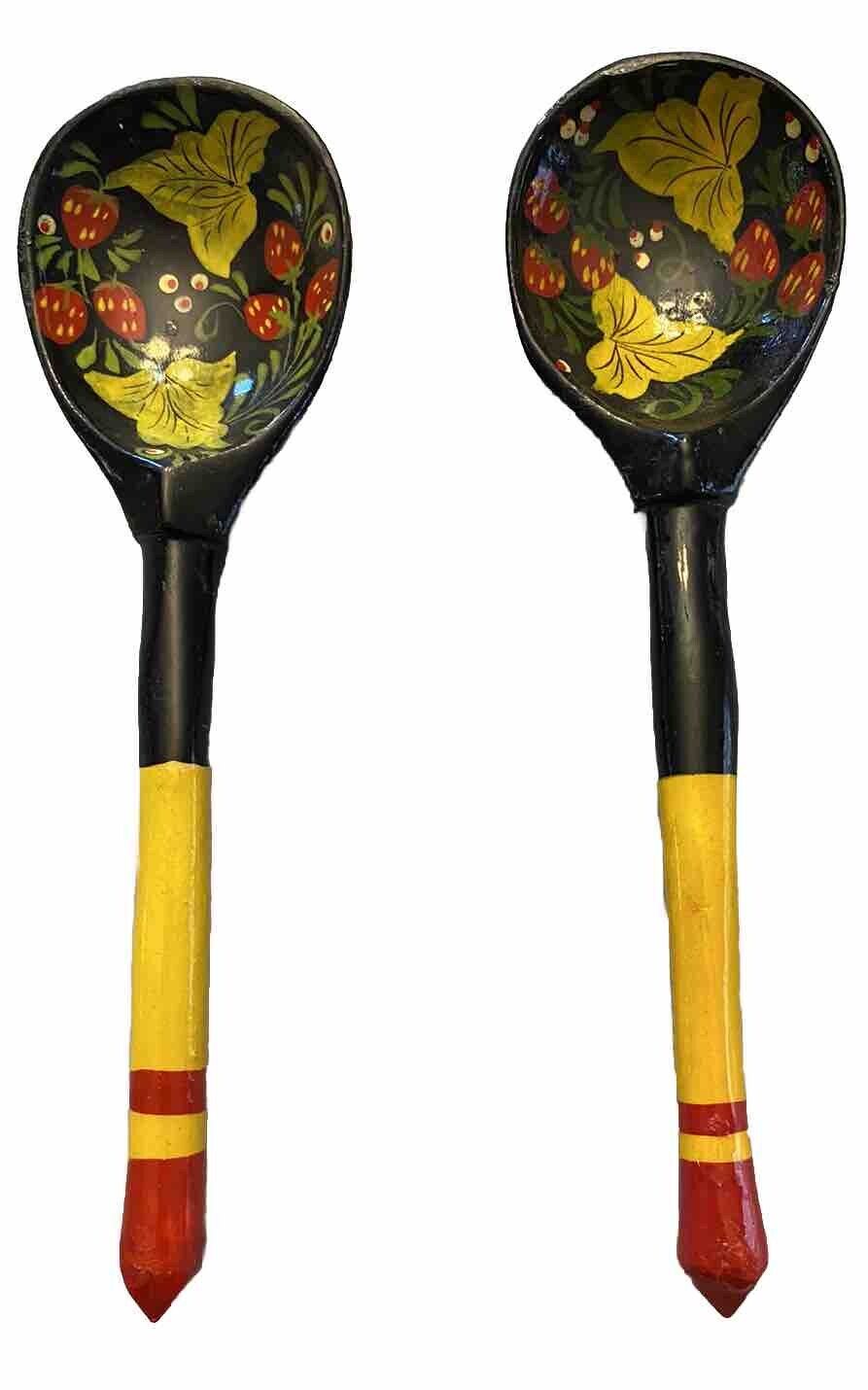 Vintage Russian Folk Art Khokhloma Spoons Set Of 2 Hand-Painted 8” Wood Berries